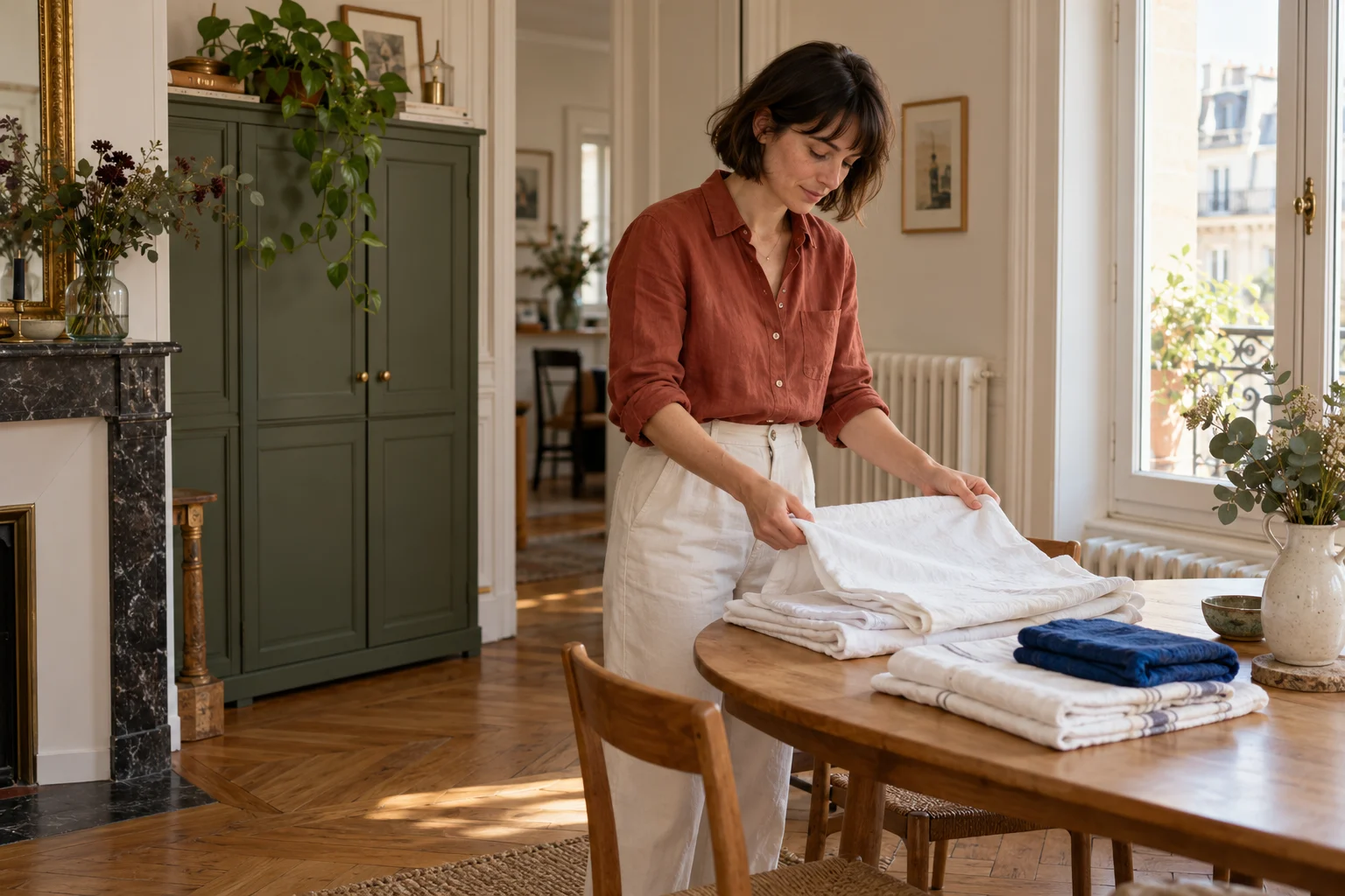 Une femme prend soin du linge dans un appartement aux matières naturelles et à la lumière douce