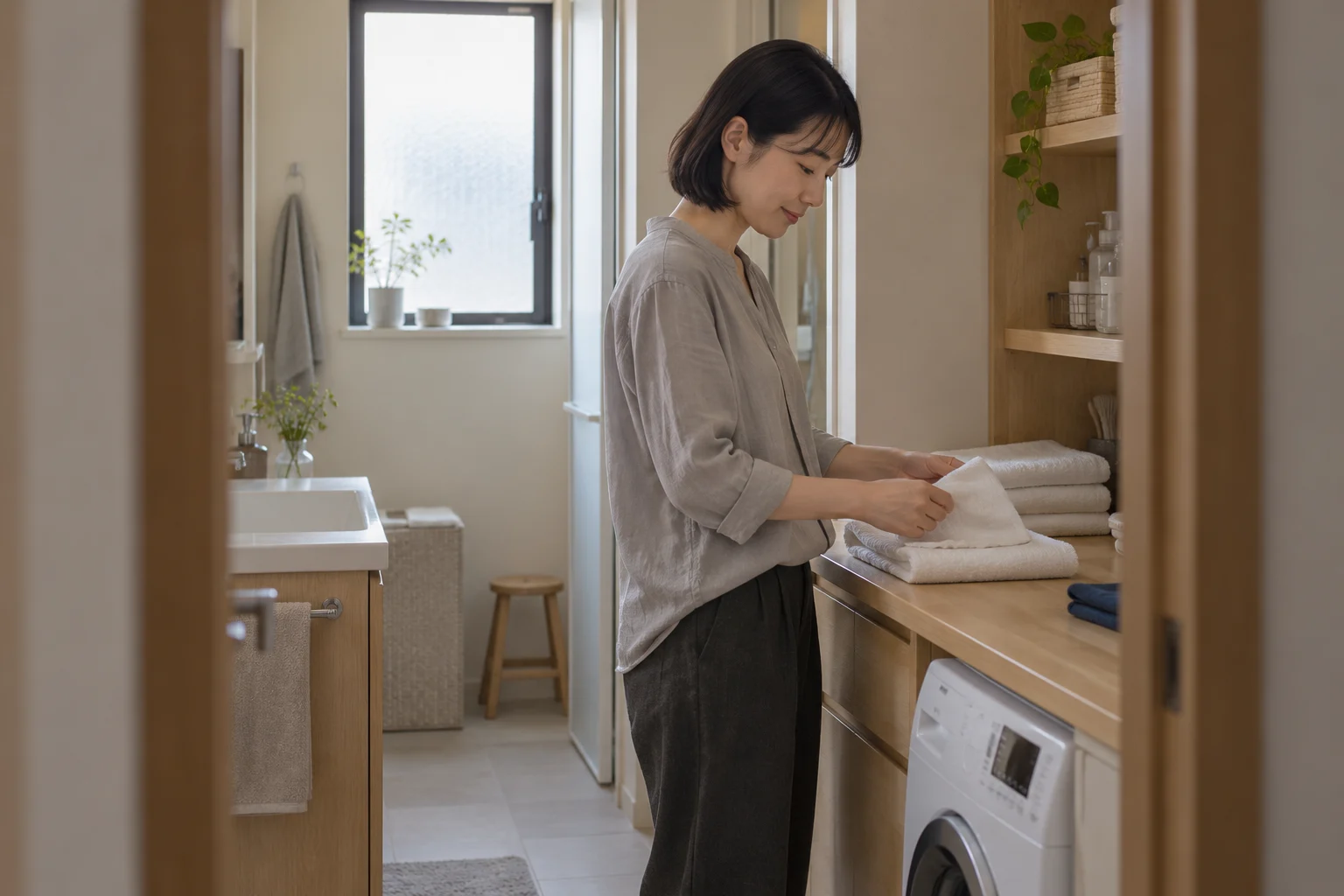 木の収納があるコンパクトな洗面室で、女性がタオルを丁寧に畳んでいる