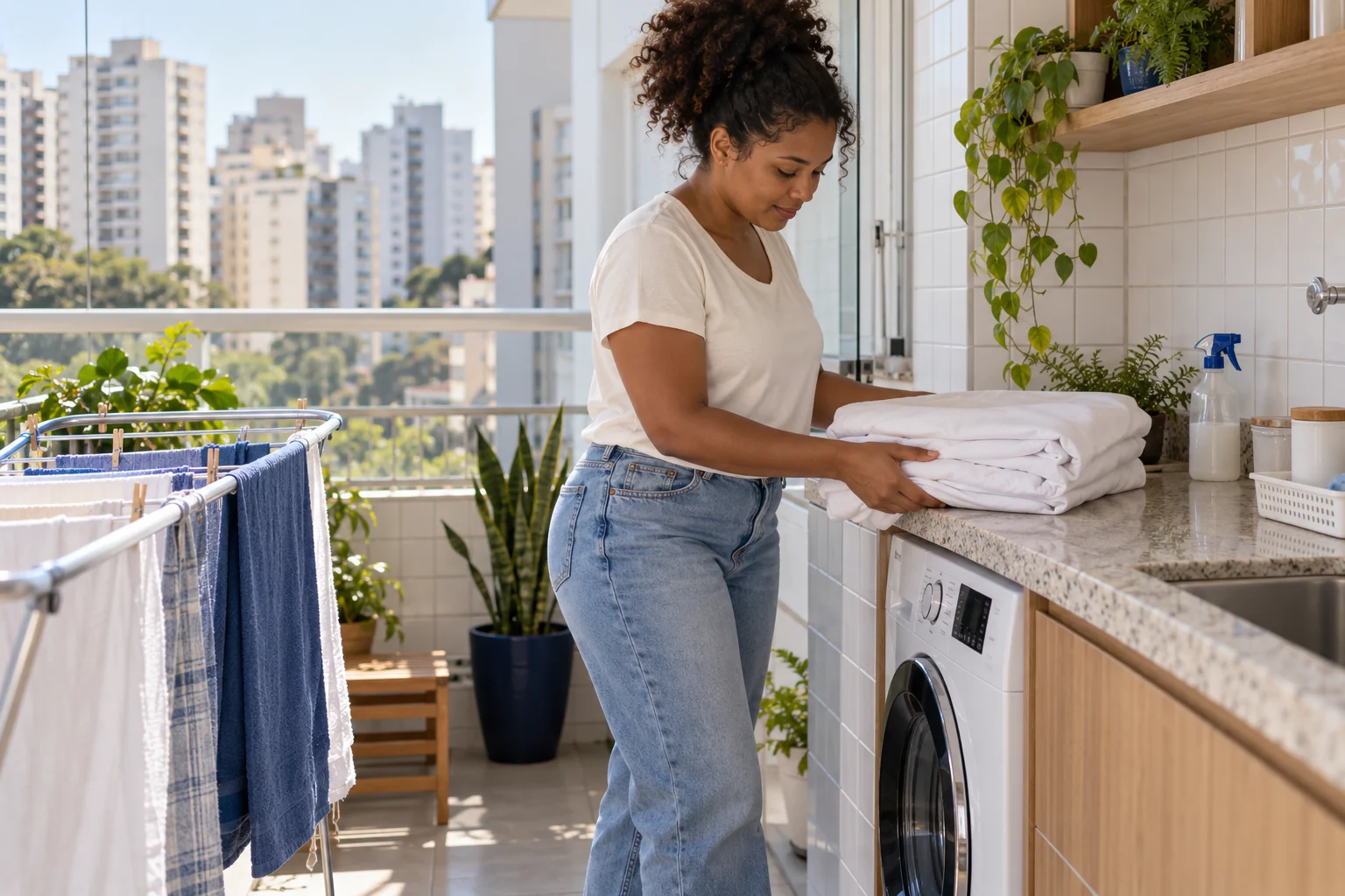 Uma mulher cuida da roupa na área de serviço de um apartamento urbano com luz natural