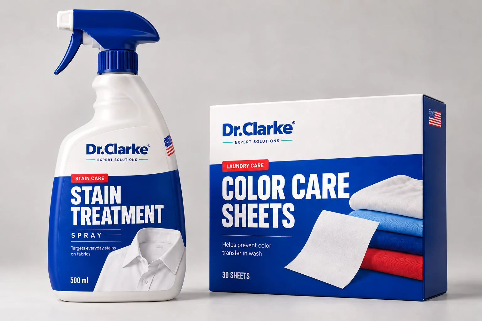 Dr.Clarke Stain Treatment Spray and Color Care Sheets with English packaging