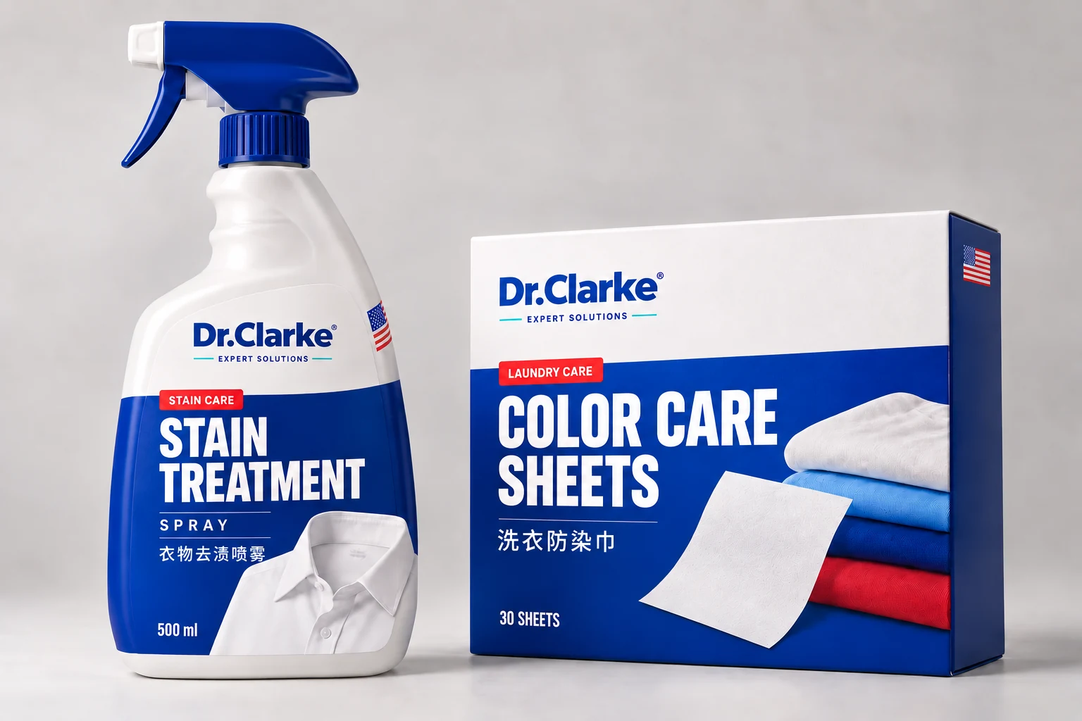 Dr.Clarke 衣物去渍喷雾与洗衣防染巾中英双语包装特写